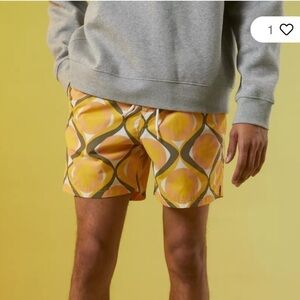 Urban Outfitters '70s Geo Yellow Retro Lined Swim Trunks Shorts